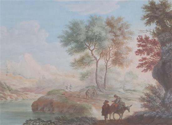 Attributed to Abraham Rademaker (1675-1735) Travellers in a landscape 5.25 x 7in.